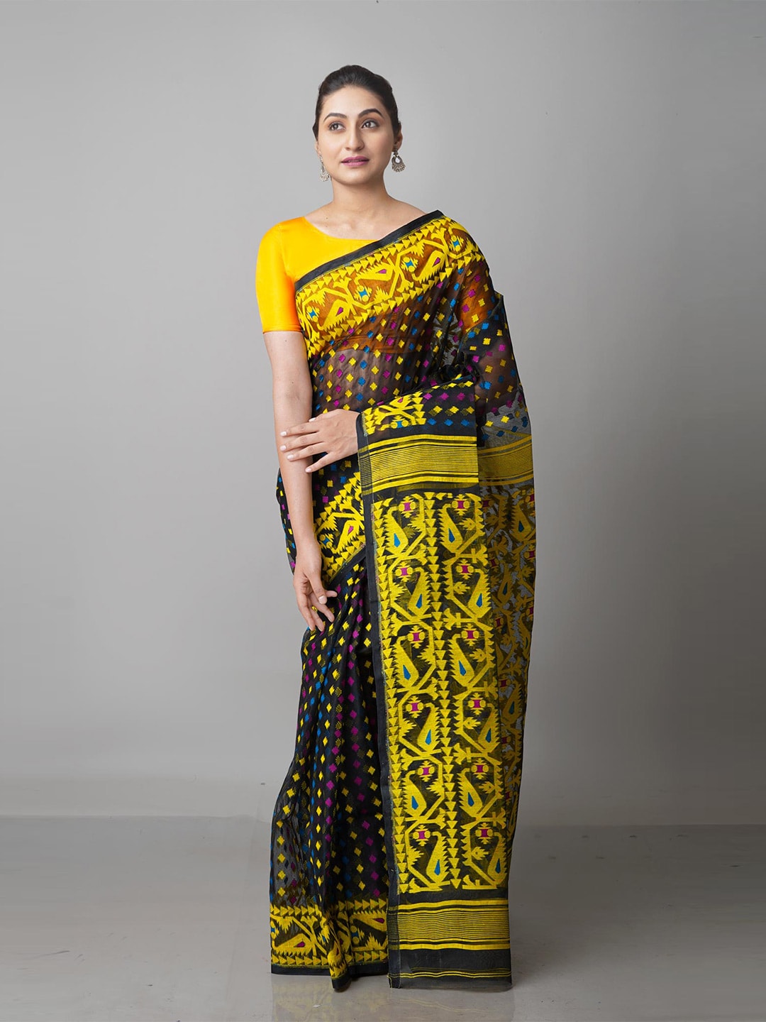 Unnati Silks Black & Yellow Pure Cotton Jamdani Saree Price in India
