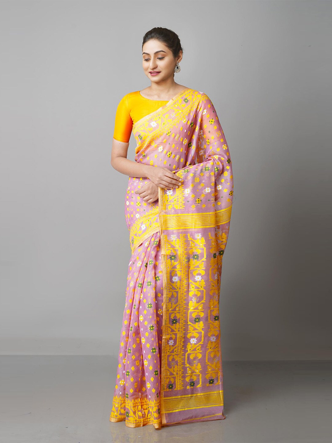 Unnati Silks Lavender & Yellow Woven Design Handloom Jamdani Saree Price in India