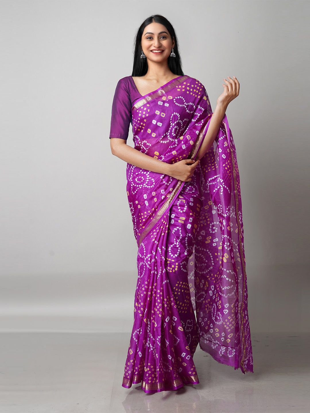 Unnati Silks Purple & White Bandhani Printed Zari Saree Price in India