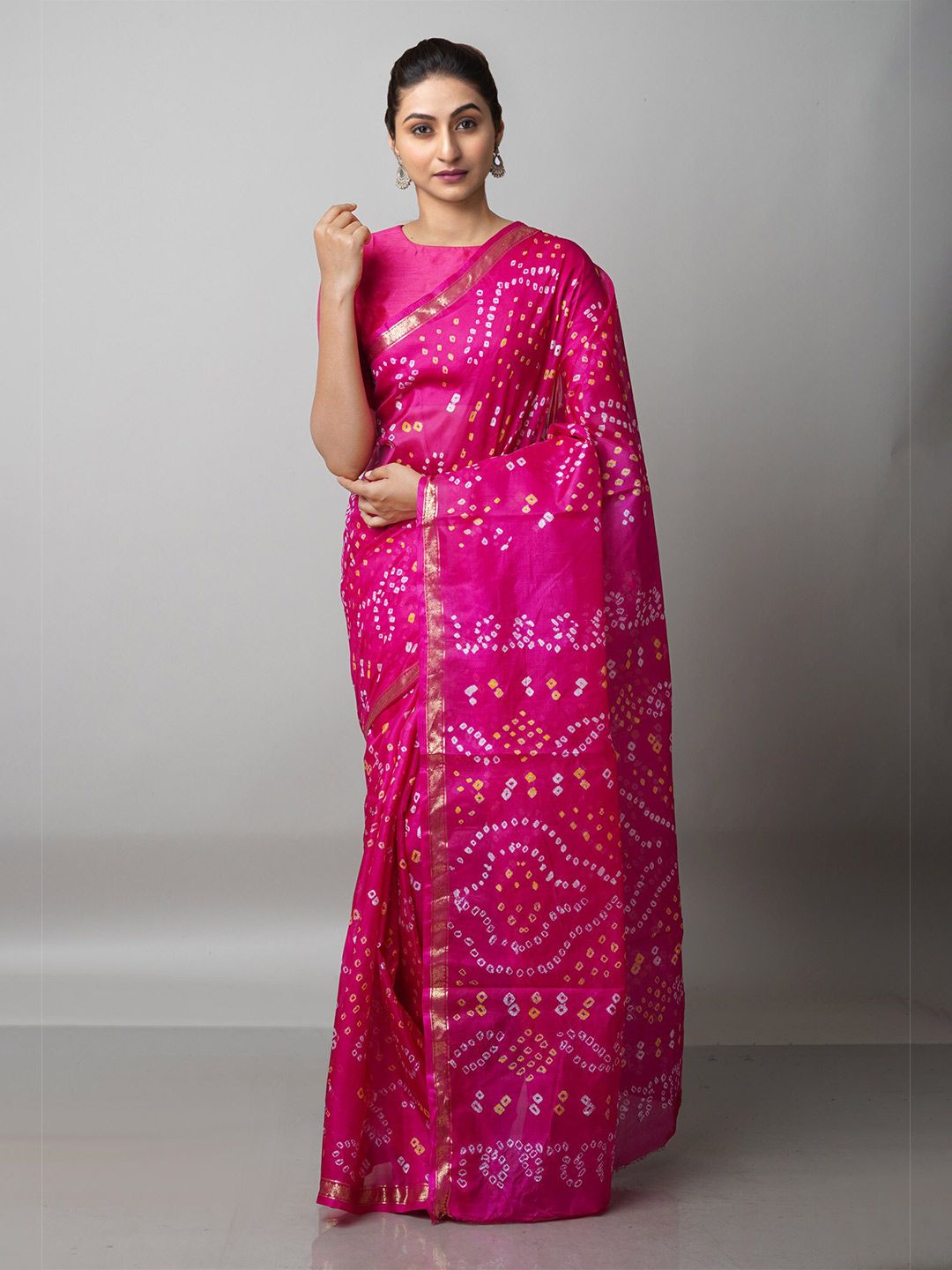 Unnati Silks Pink & White Bandhani Printed Zari Saree Price in India