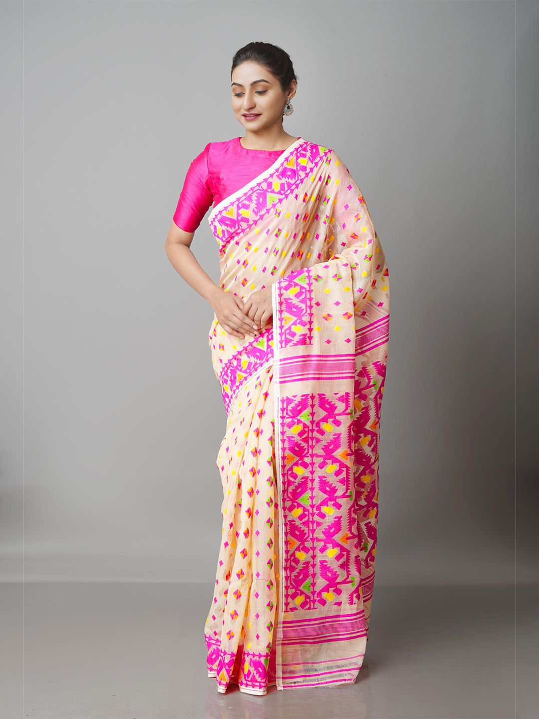 Unnati Silks Beige & Pink Woven Design Handloom Jamdani Saree Price in India