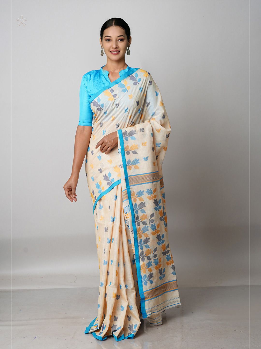 Unnati Silks Beige & Blue Woven Design Handloom Jamdani Saree Price in India