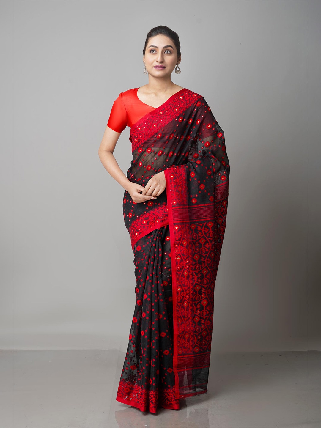 Unnati Silks Black & Red Woven Design Handloom Jamdani Saree Price in India