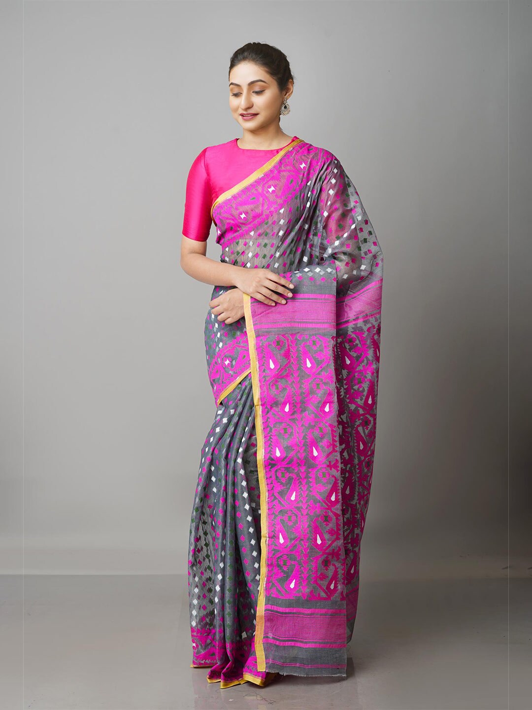 Unnati Silks Grey & Pink Woven Design Handloom Pure Cotton Jamdani Saree Price in India
