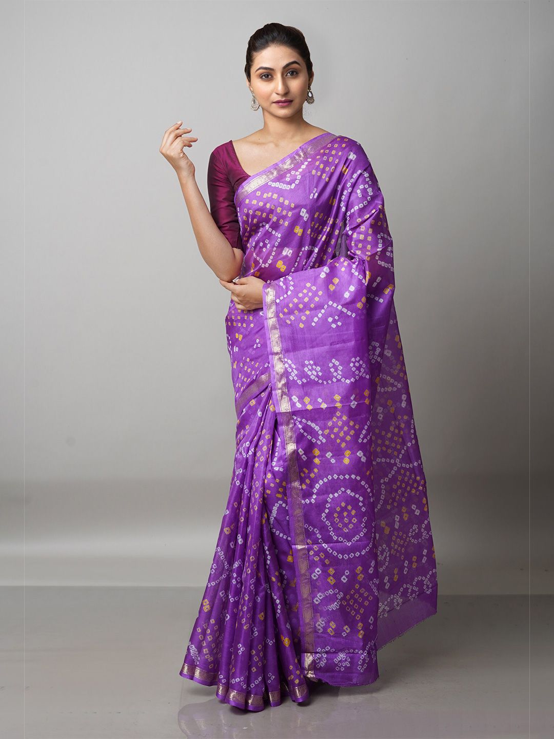 Unnati Silks Purple & White Bandhani Printed Zari Saree Price in India