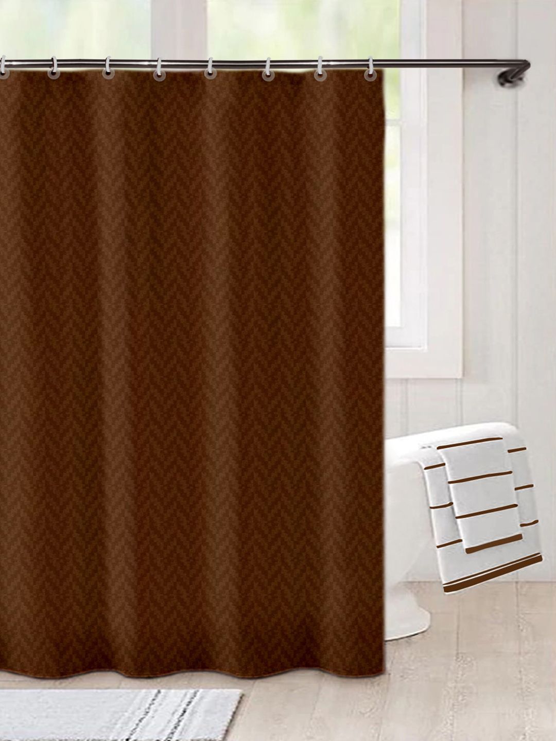 Lushomes Brown Self Design Shower Curtain with Eyelets