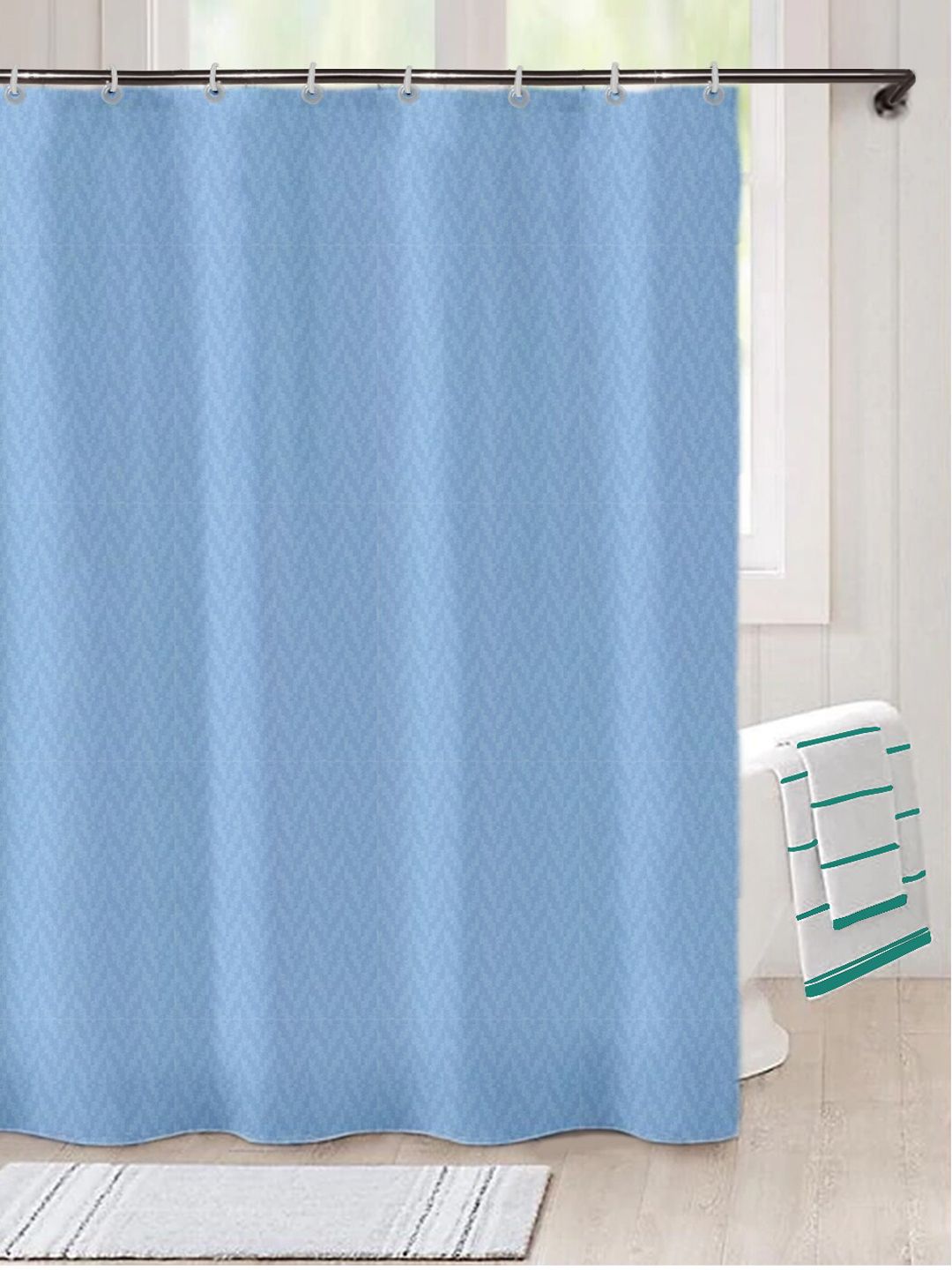 Lushomes Blue Self Design Shower Curtain with Eyelets