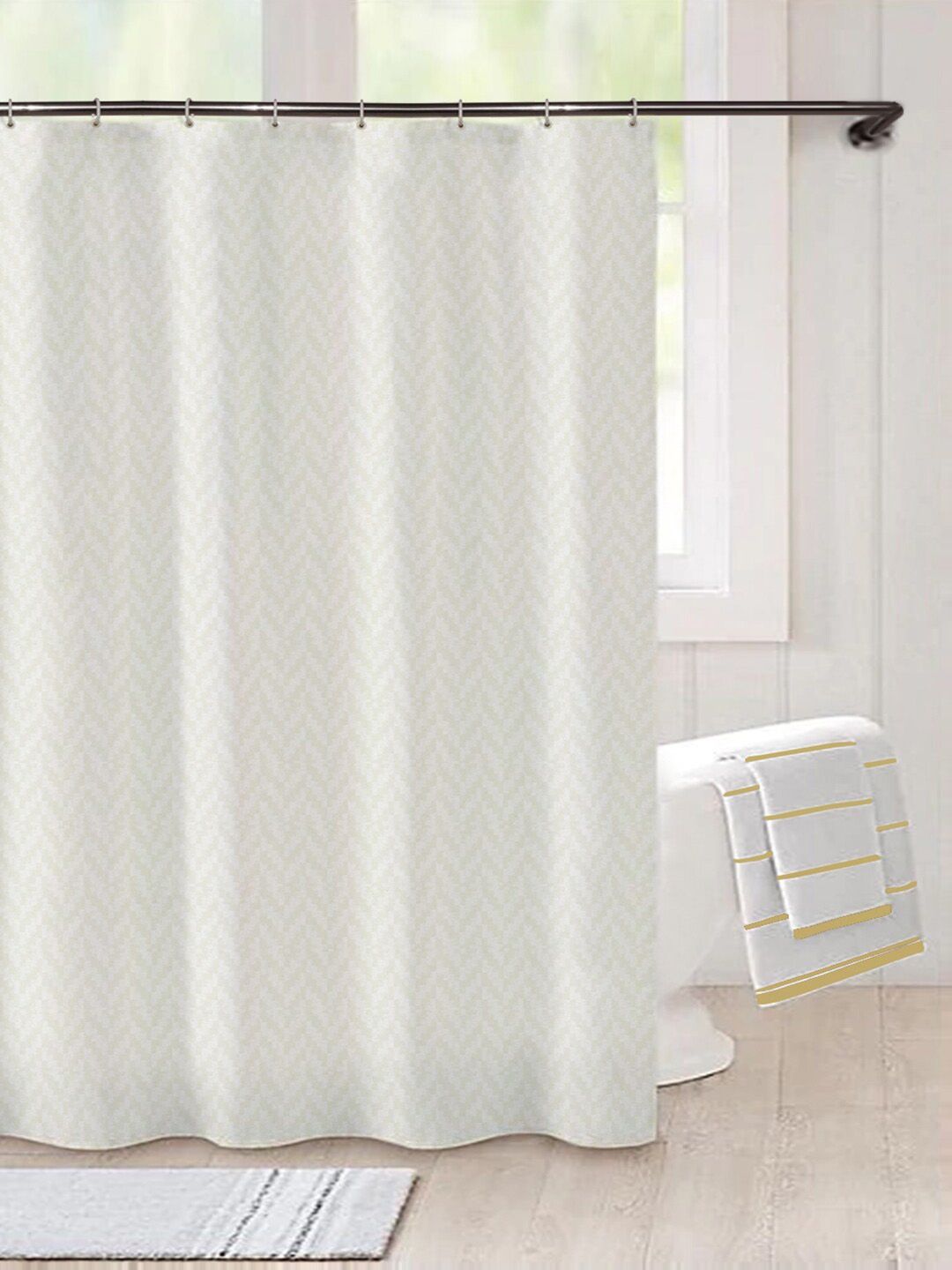 Lushomes Cream Colored Self Design Shower Curtain with Eyelets