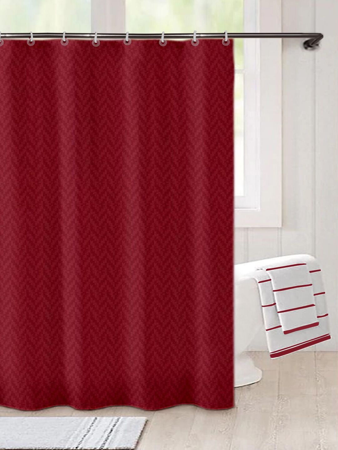 Lushomes Maroon Self Design Shower Curtain with Eyelets