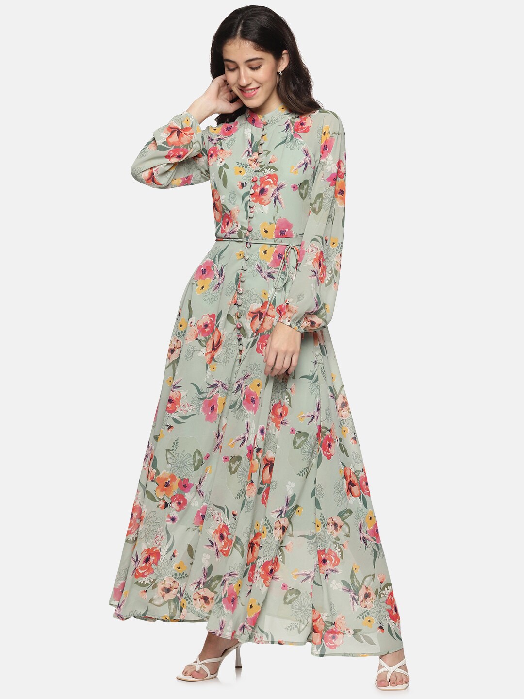 HERE&NOW Green Floral Chiffon Maxi Maxi Dress Price in India
