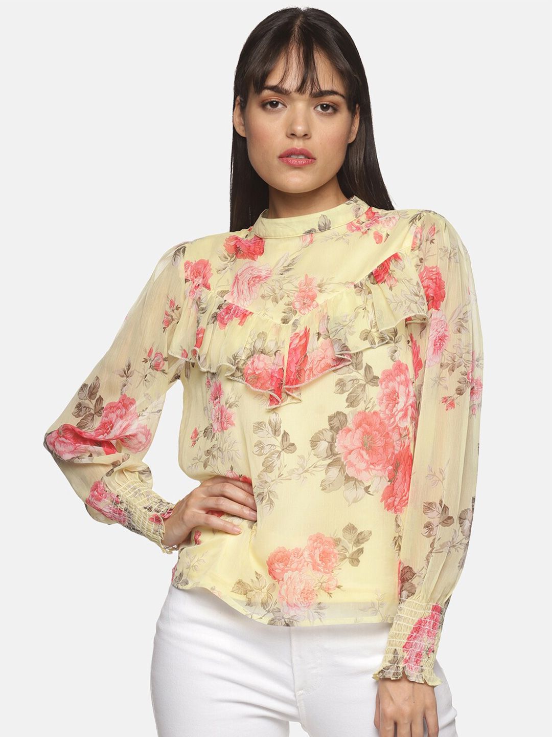 HERE&NOW Yellow Floral Printed Ruffles Chiffon Top Price in India