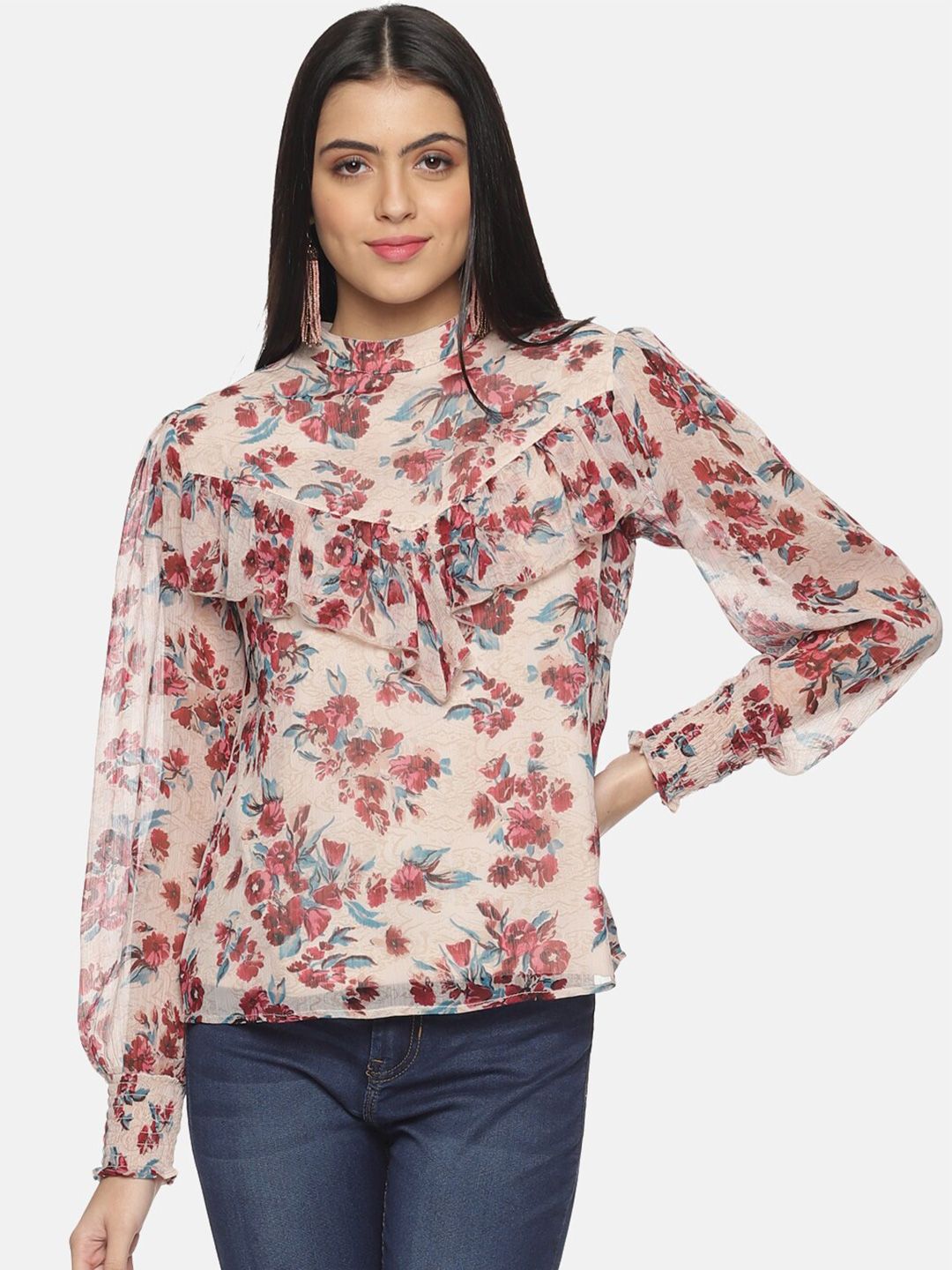 HERE&NOW White & Red Floral Printed Ruffles Chiffon Top Price in India