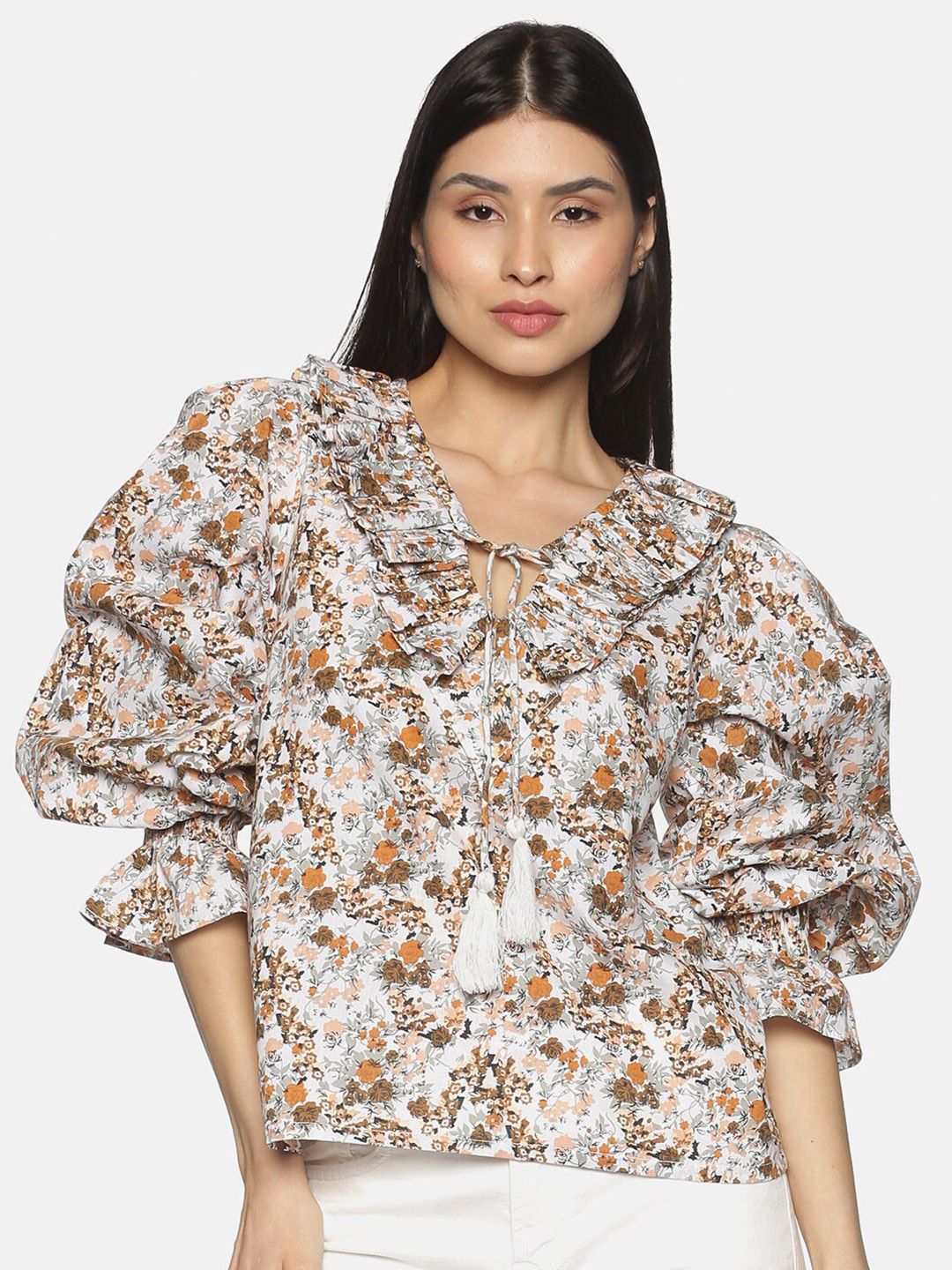 HERE&NOW Brown Floral Printed Pure Cotton Tie-Up Neck Top Price in India