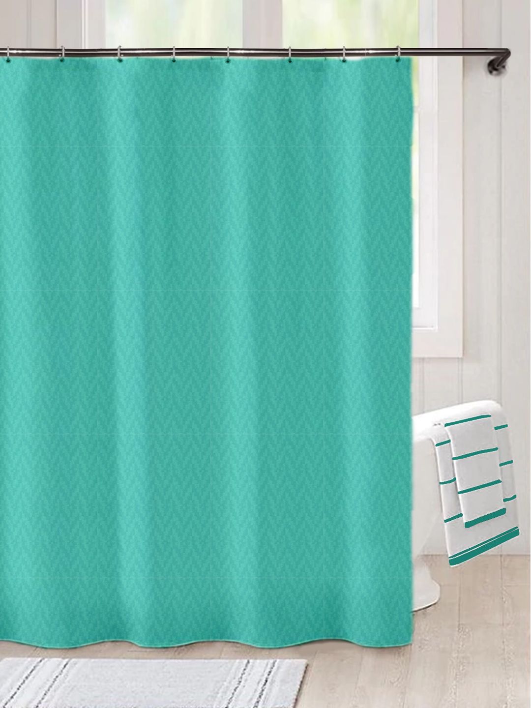 Lushomes Green Self Design Shower Curtain with Eyelets