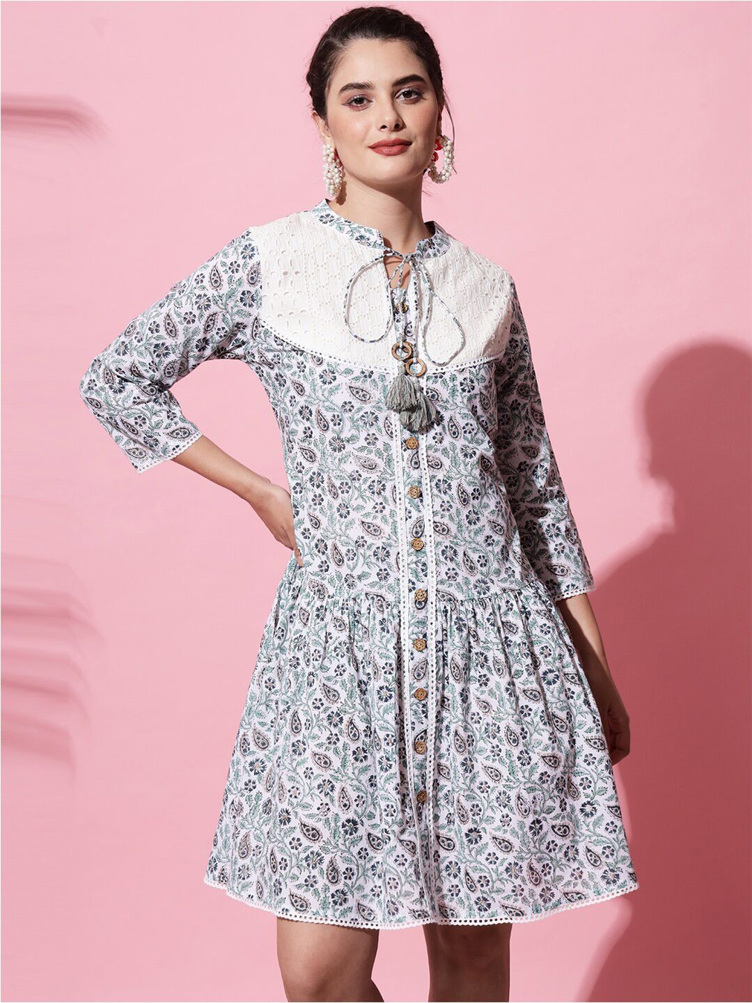 AMIRAS INDIAN ETHNIC WEAR Women White Ethnic Printed Tie-Up Neck Cotton Dress Price in India