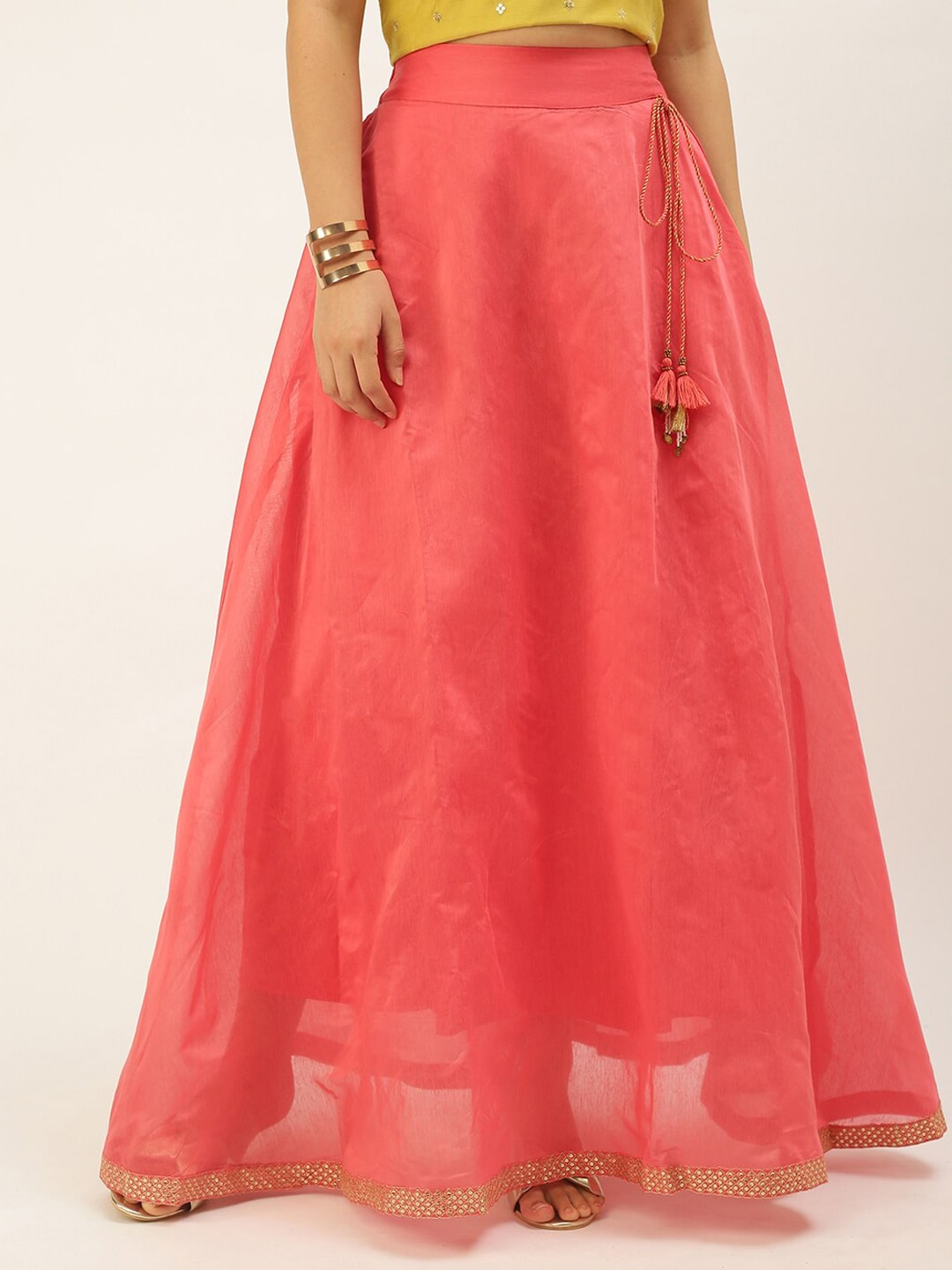 De Moza Women Coral Colored Solid Flared Full Length Maxi Skirt Price in India