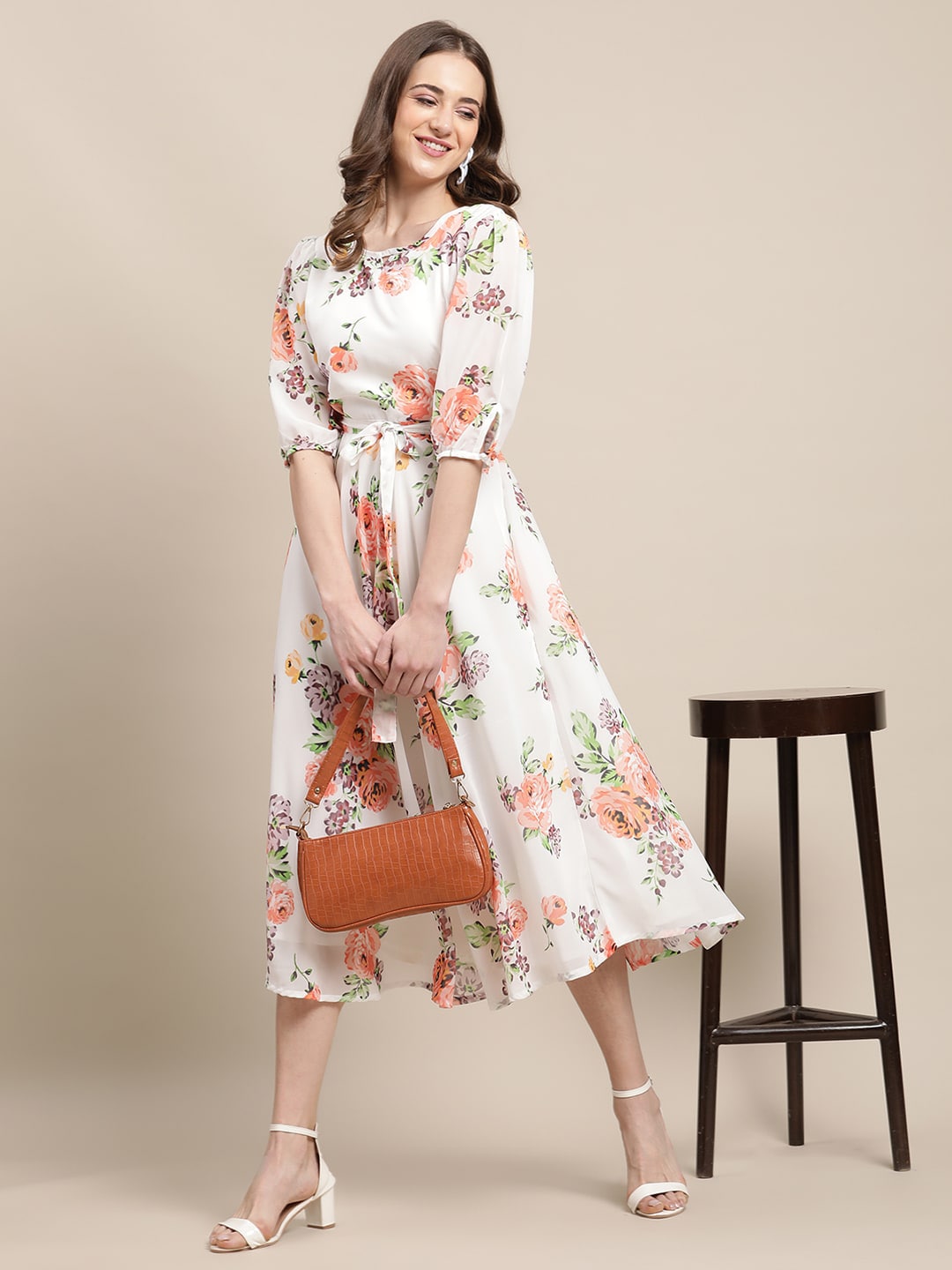 Fabflee Printed Floral Keyhole Neck Midi Dress Price in India