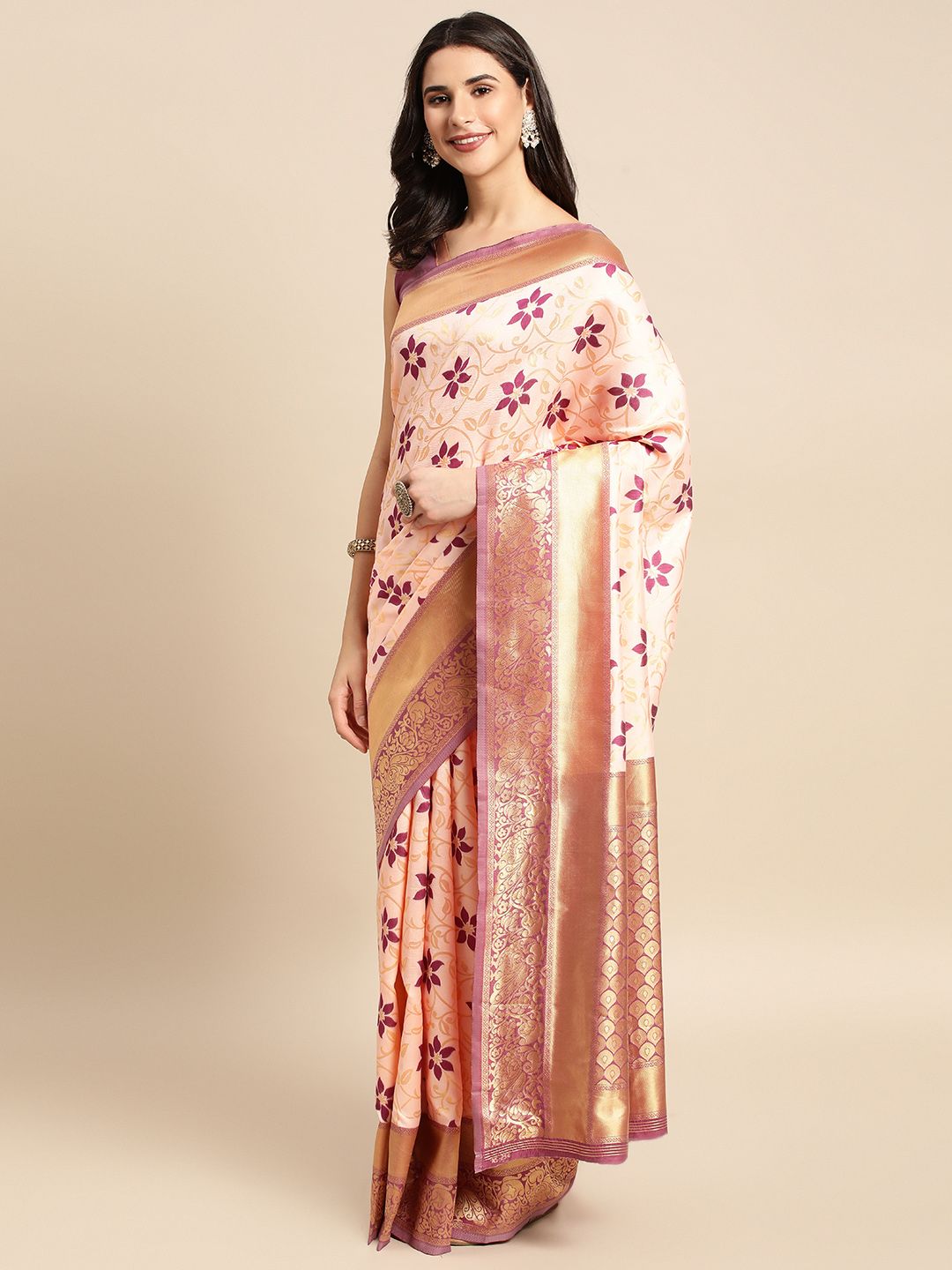 HERE&NOW Peach Coloured & Purple Floral Silk Blend Saree Price in India