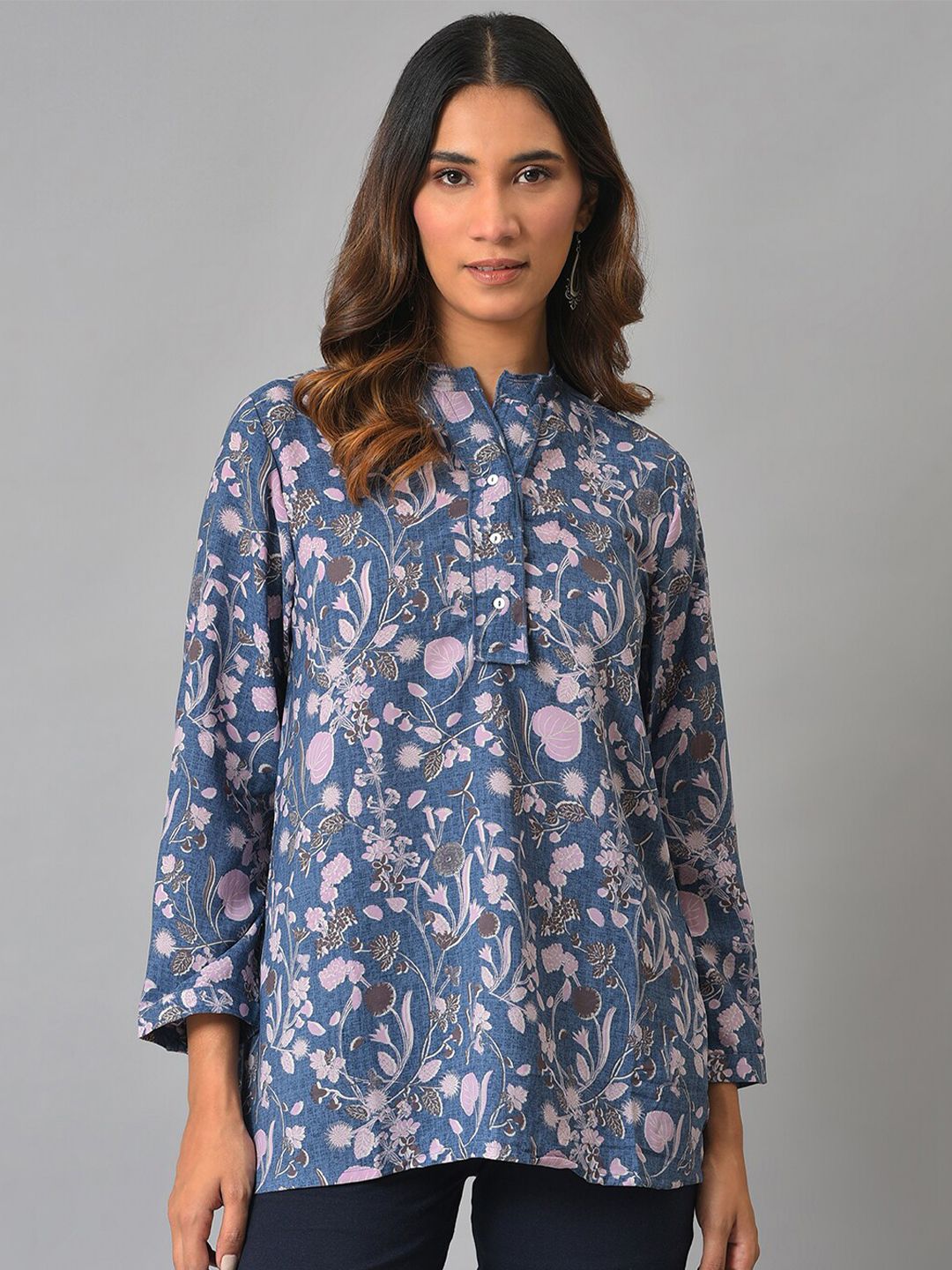 W Blue Floral Print Mandarin Collar Shirt Style Top Price in India