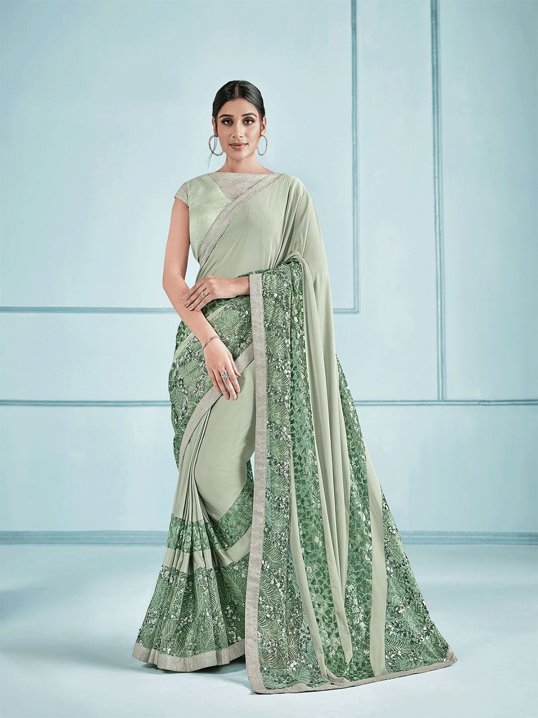 ODETTE Sea Green Floral Embroidered Saree Price in India