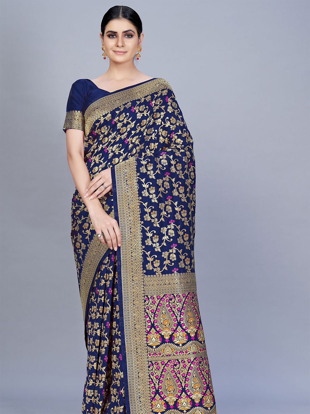 ODETTE Blue & Gold-Toned Paisley Zari Silk Blend Saree Price in India