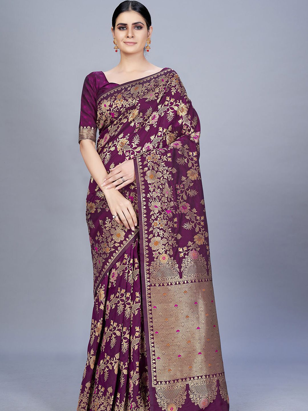 ODETTE Purple & Gold-Toned Floral Zari Silk Blend Saree Price in India