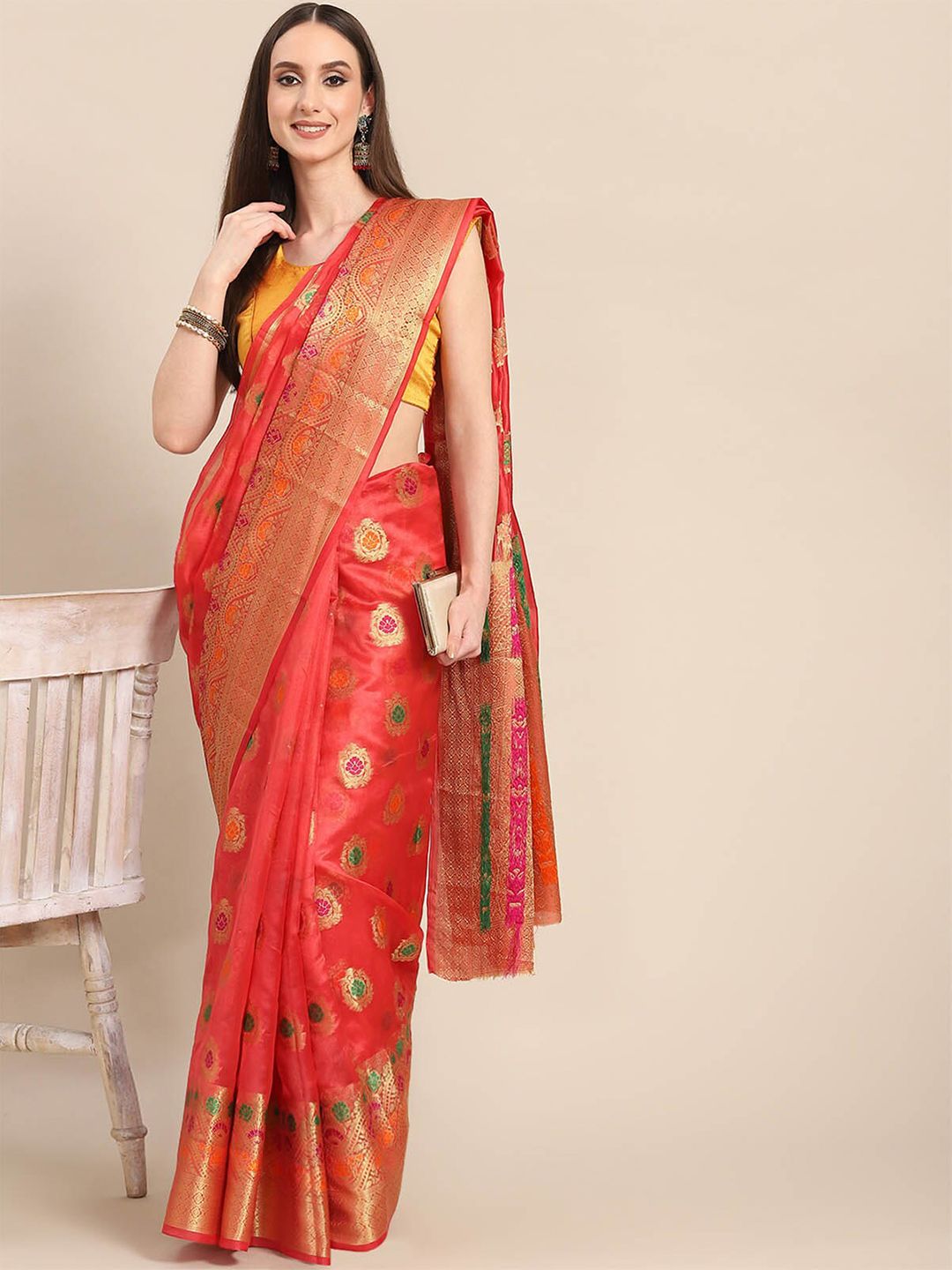 ODETTE Pink & Gold-Toned Ethnic Motifs Zari Organza Saree Price in India