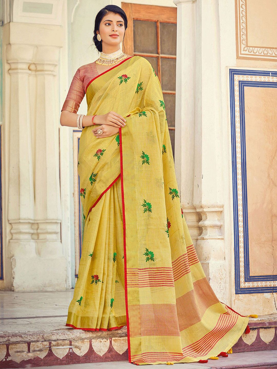 ODETTE Yellow & Green Floral Linen Blend Saree Price in India