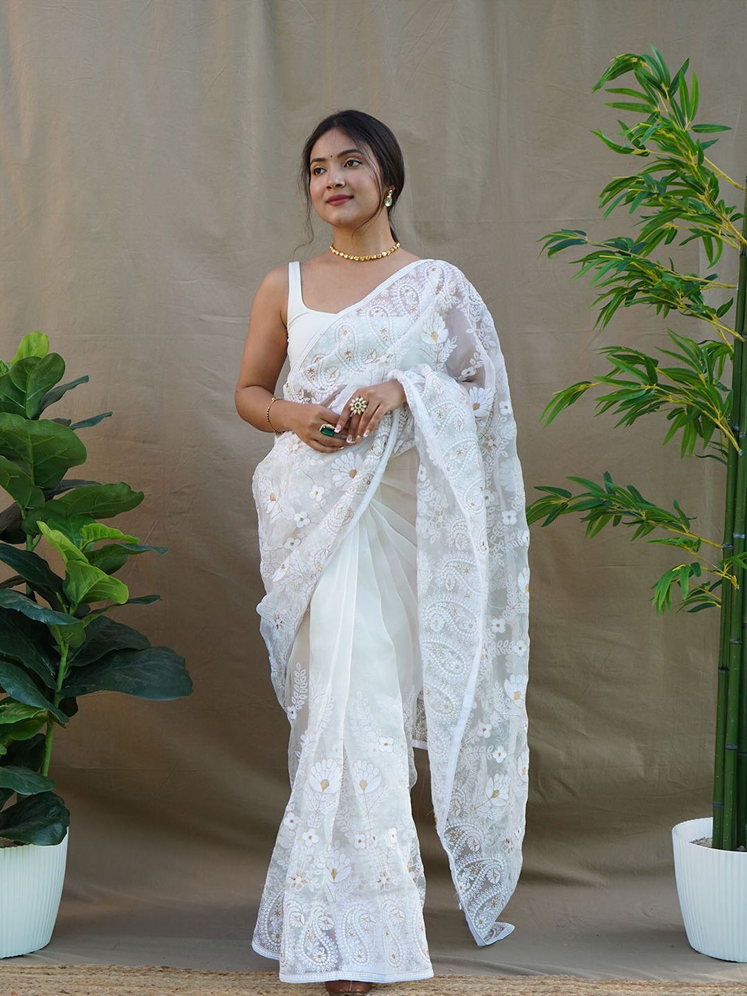 ODETTE White & Gold-Toned Floral Embroidered Organza Saree Price in India