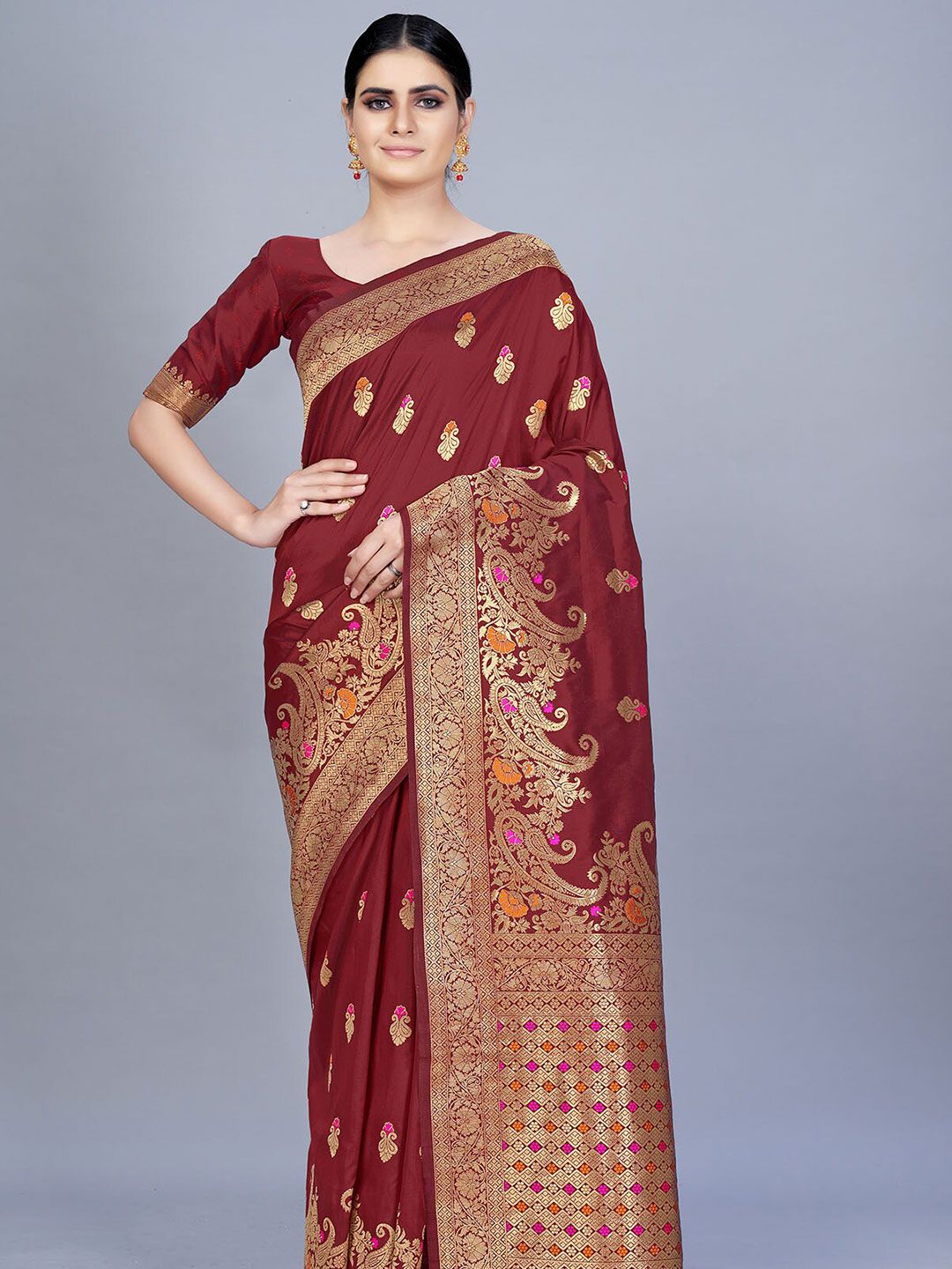 ODETTE Maroon & Gold-Toned Paisley Zari Silk Blend Saree Price in India