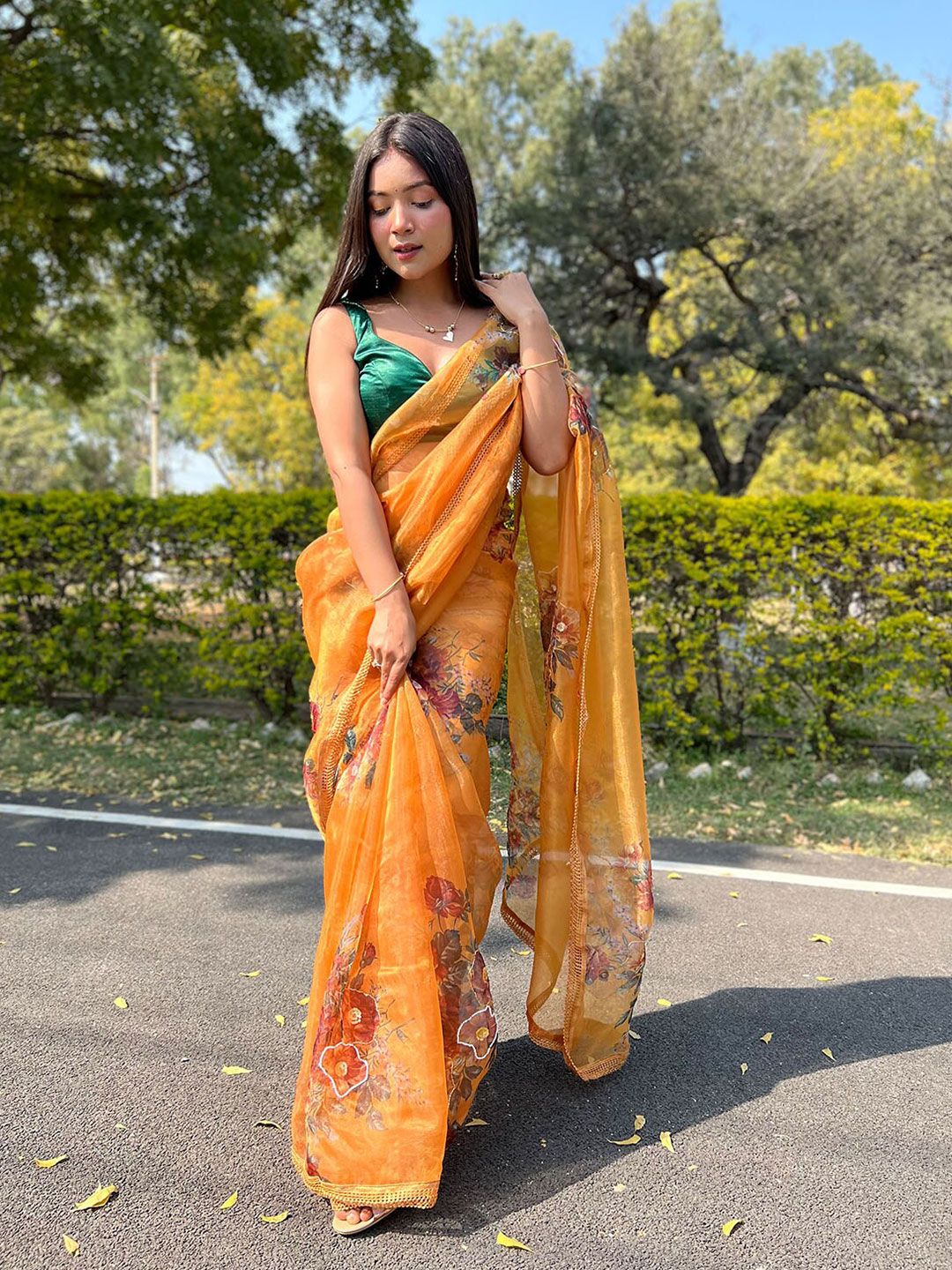 ODETTE Mustard & Brown Floral Organza Saree Price in India