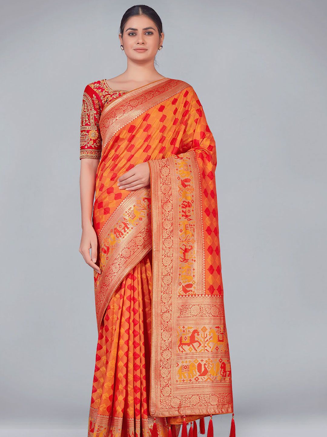 ODETTE Red & Orange Ethnic Motifs Zari Silk Blend Saree Price in India