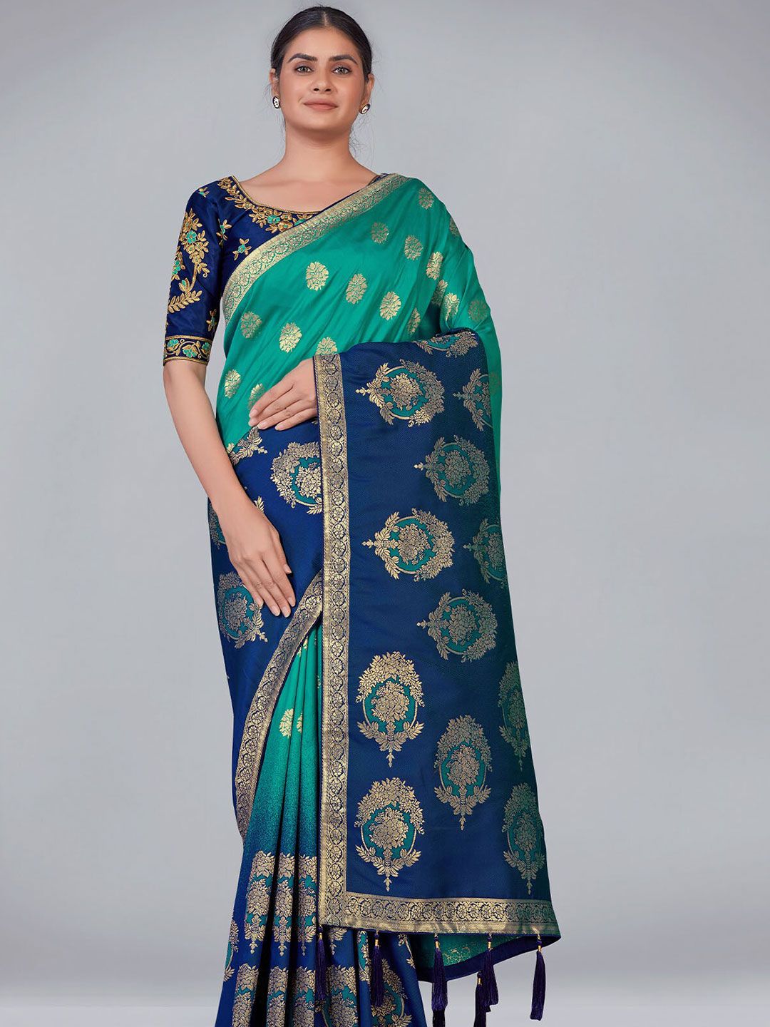 ODETTE Sea Green & Blue Ethnic Motifs Zari Silk Blend Saree Price in India