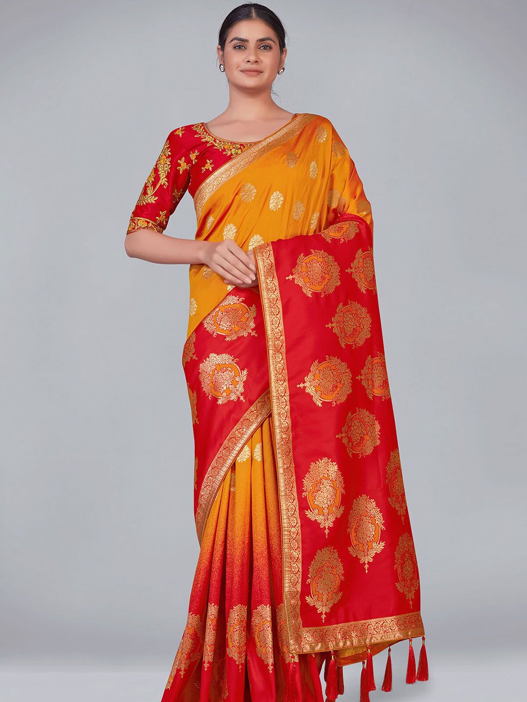 ODETTE Yellow & Red Ethnic Motifs Zari Silk Blend Saree Price in India