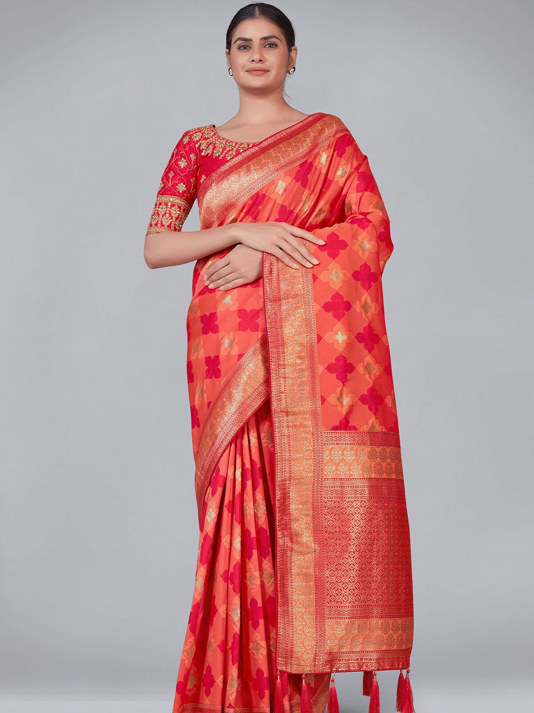 ODETTE Red & Peach-Coloured Ethnic Motifs Zari Silk Blend Saree Price in India