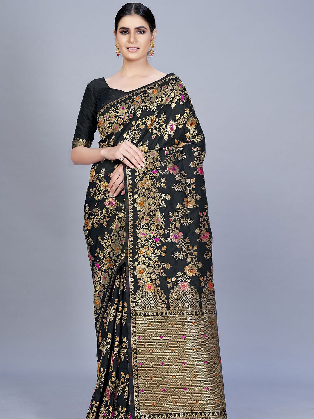 ODETTE Black & Gold-Toned Floral Zari Silk Blend Saree Price in India