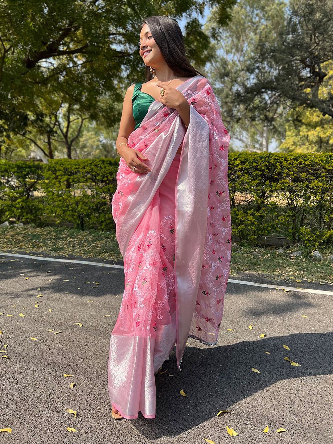 ODETTE Pink & White Floral Zari Organza Saree Price in India