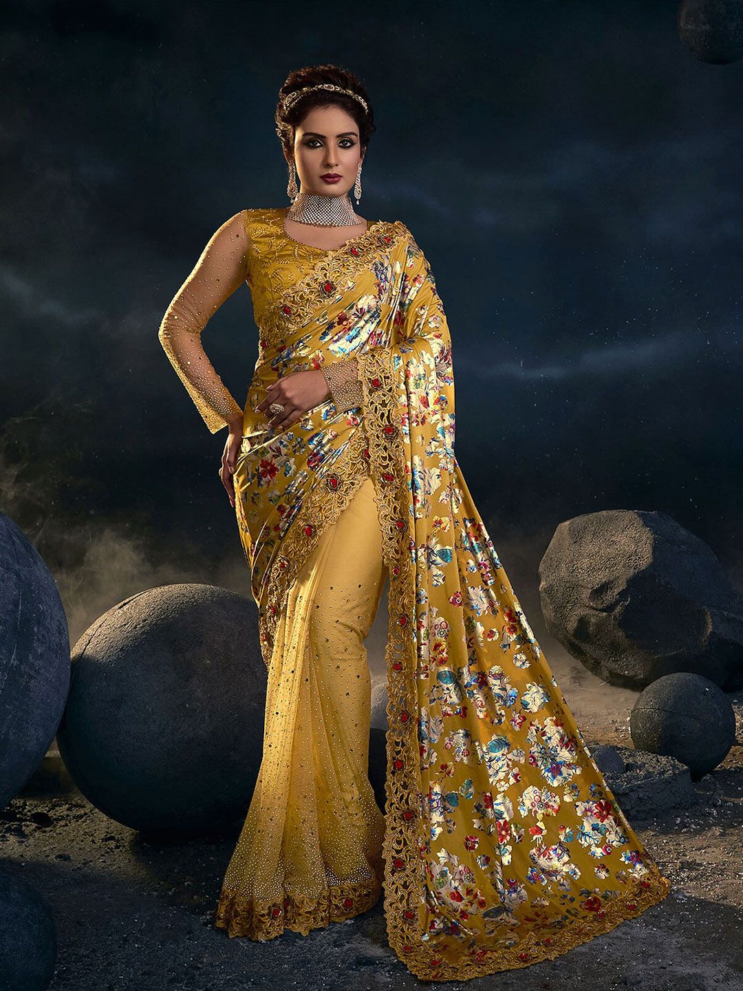ODETTE Mustard & Blue Floral Embroidered Net Saree Price in India