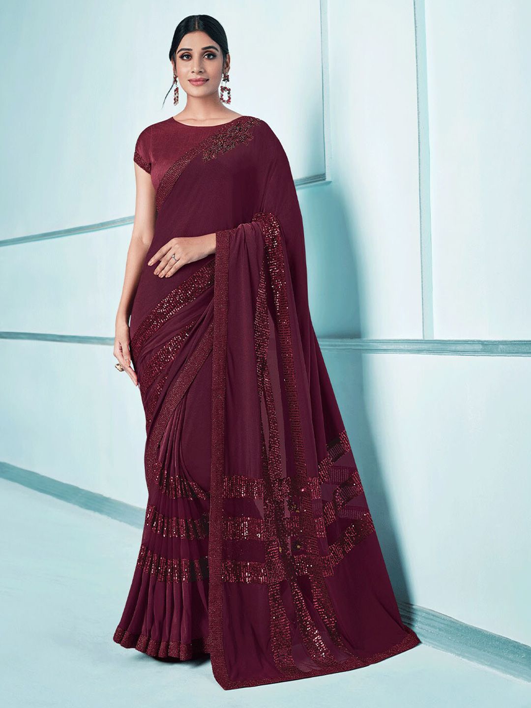 ODETTE Maroon Beads and Stones Saree Price in India
