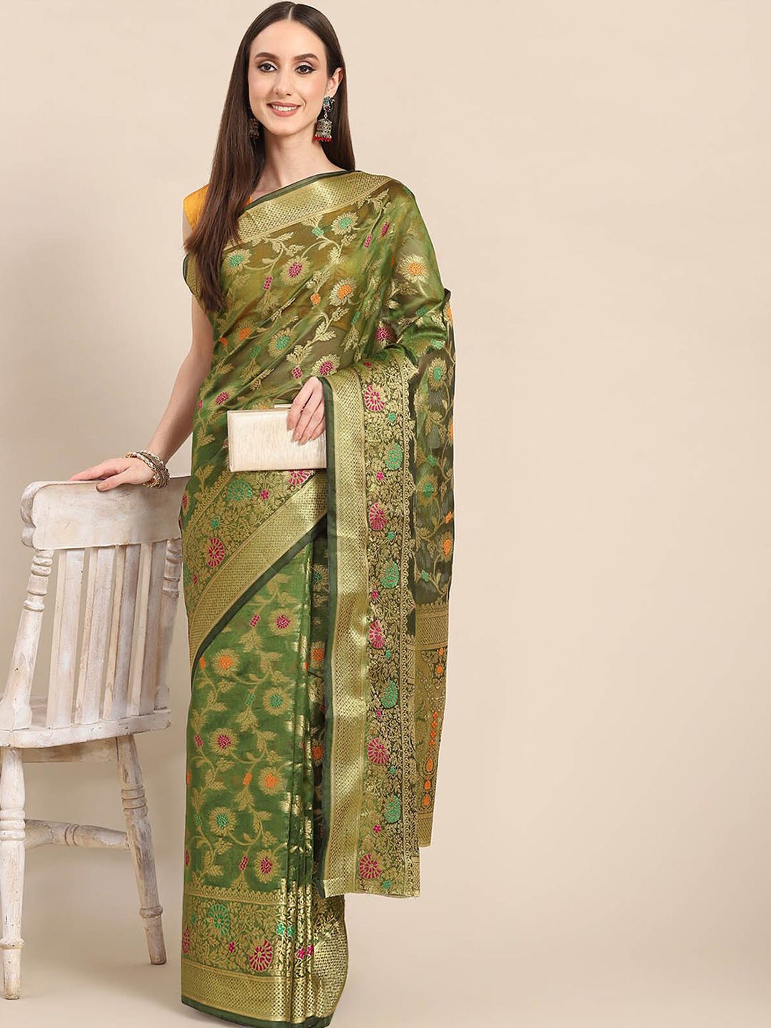 ODETTE Green & Gold-Toned Floral Zari Organza Saree Price in India