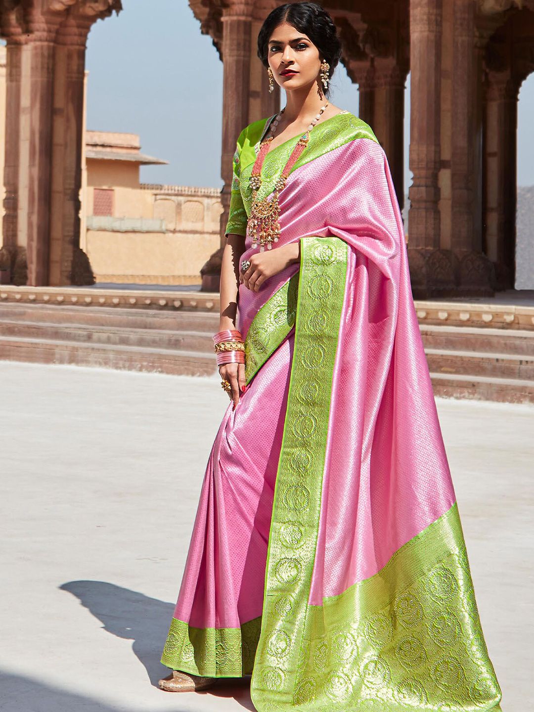 ODETTE Pink & Green Woven Design Zari Silk Blend Saree Price in India