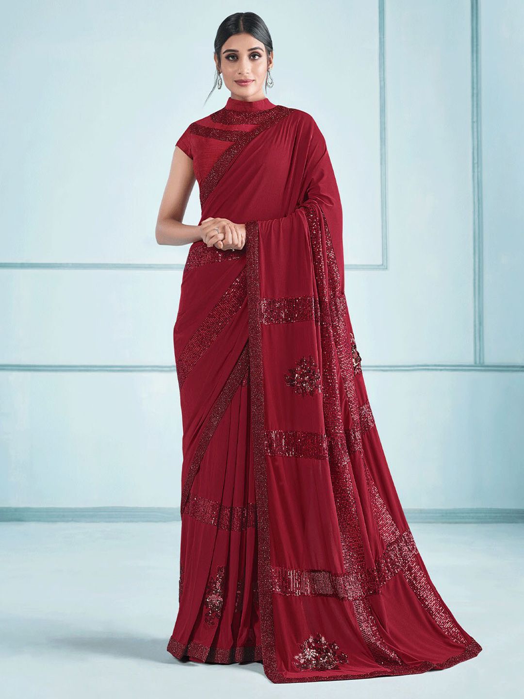 ODETTE Red Beads and Stones Saree Price in India