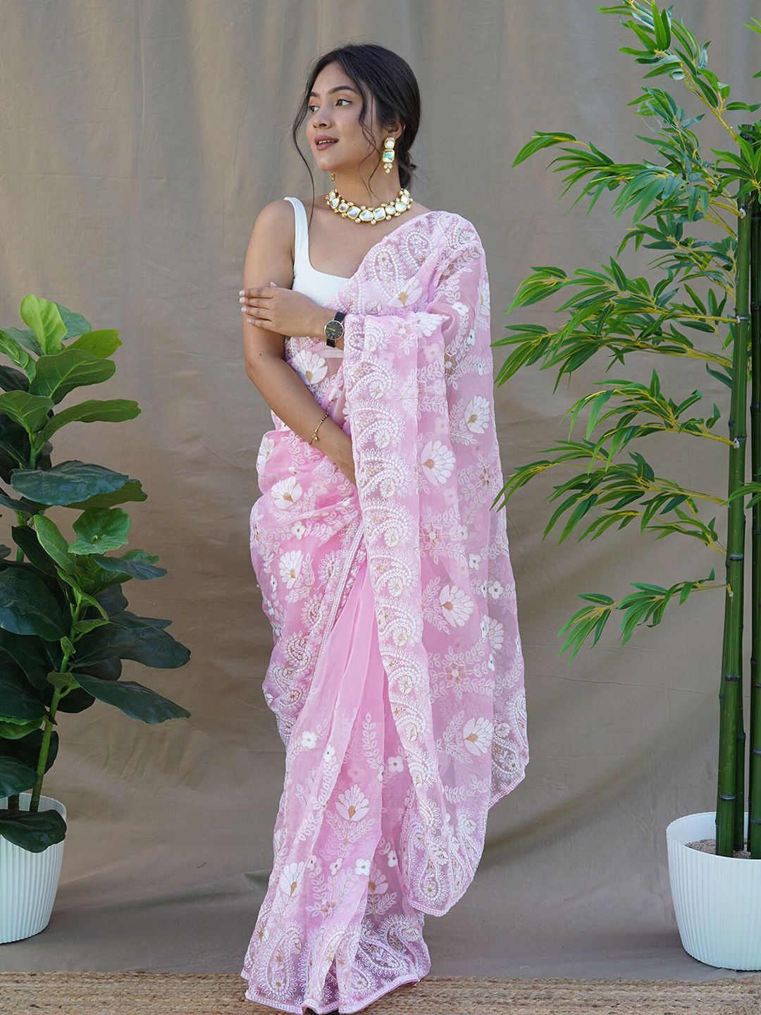 ODETTE Pink & White Floral Embroidered Organza Saree Price in India