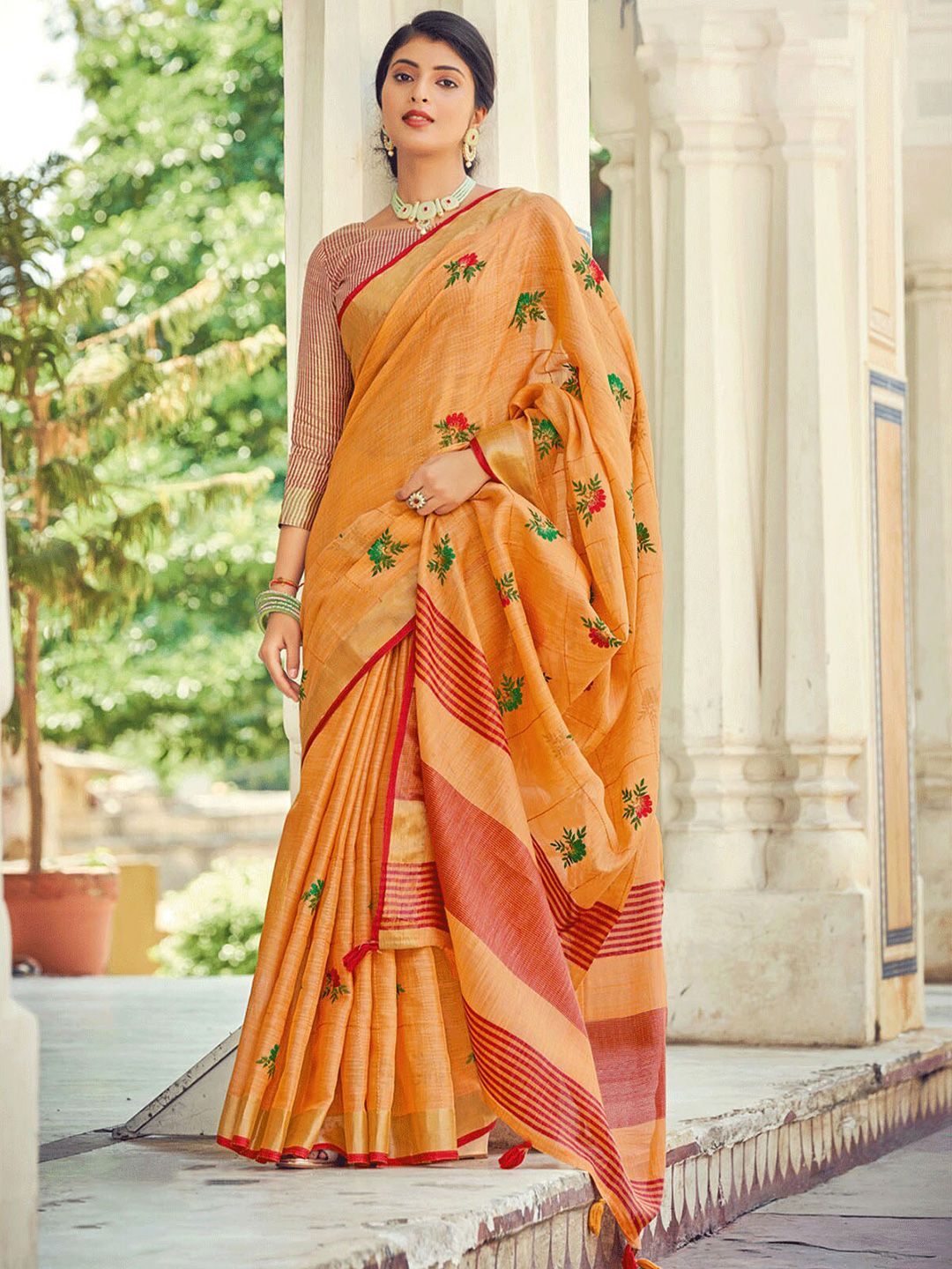 ODETTE Orange & Green Floral Linen Blend Saree Price in India