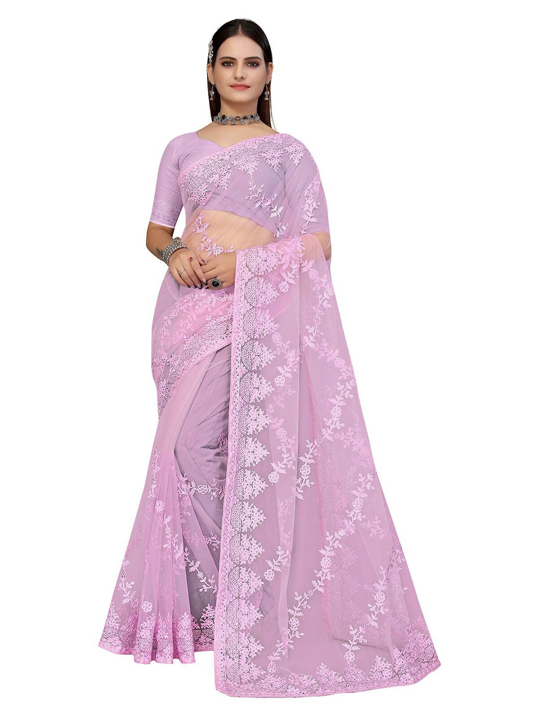 ODETTE Purple Floral Embroidered Net Saree Price in India