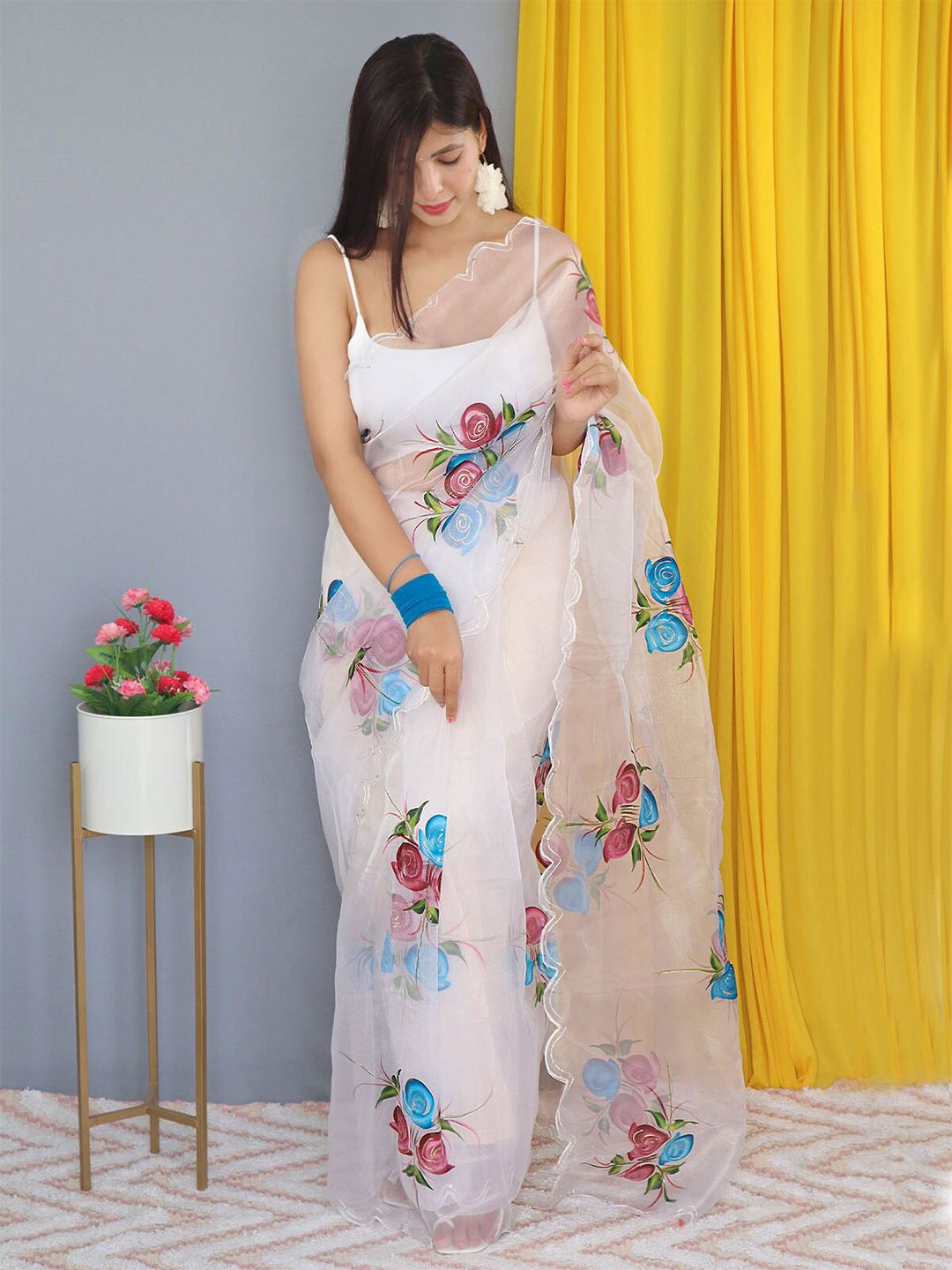 ODETTE White & Blue Floral Organza Saree Price in India