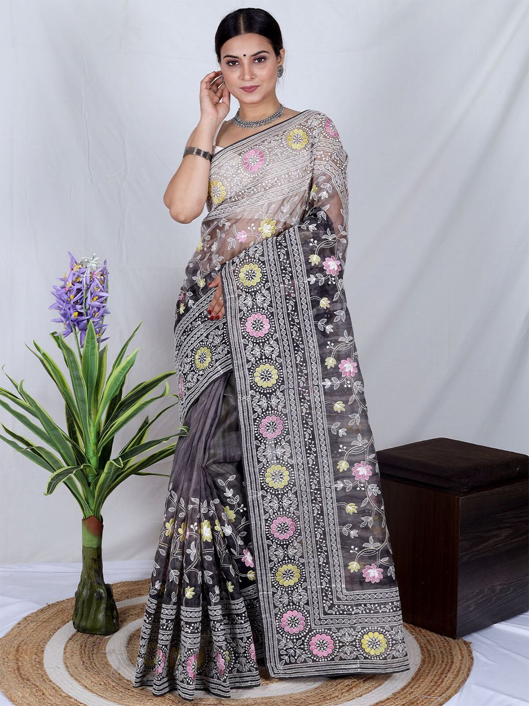 ODETTE Black & Pink Floral Embroidered Organza Saree Price in India