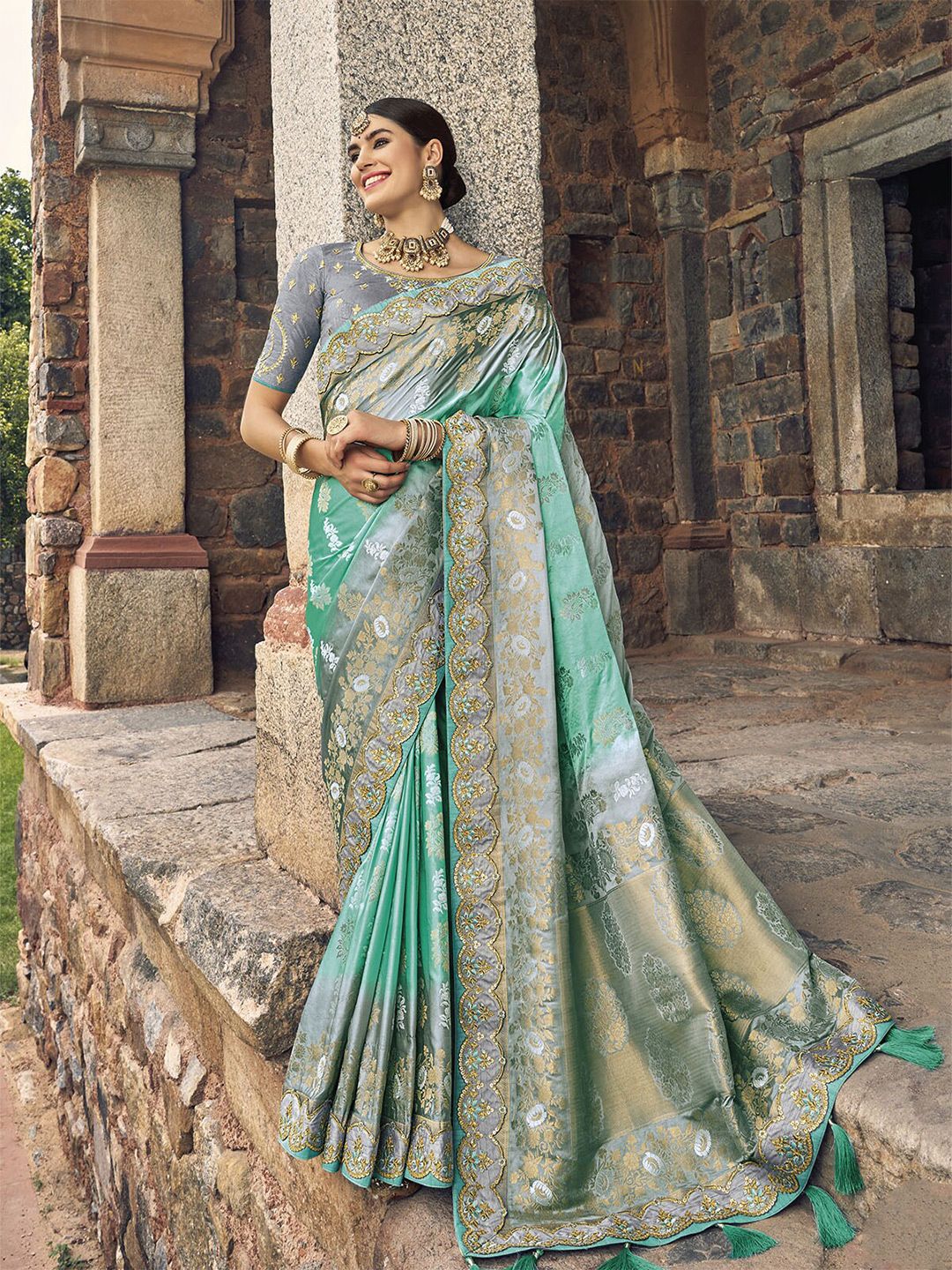 ODETTE Sea Green & Grey Woven Design Zari Satin Saree Price in India