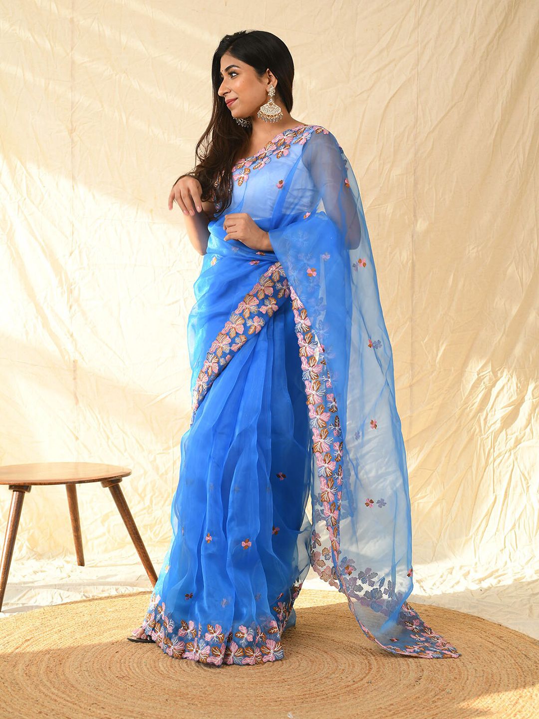 ODETTE Blue & Pink Floral Embroidered Organza Saree Price in India