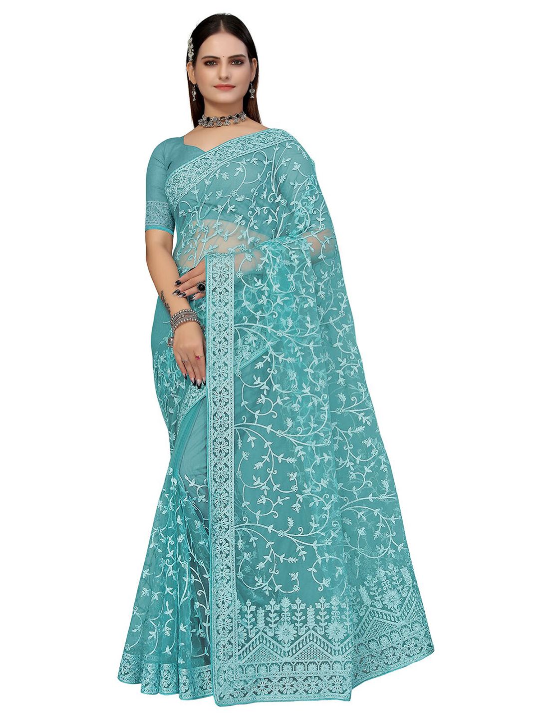 ODETTE Blue & White Floral Embroidered Net Saree Price in India